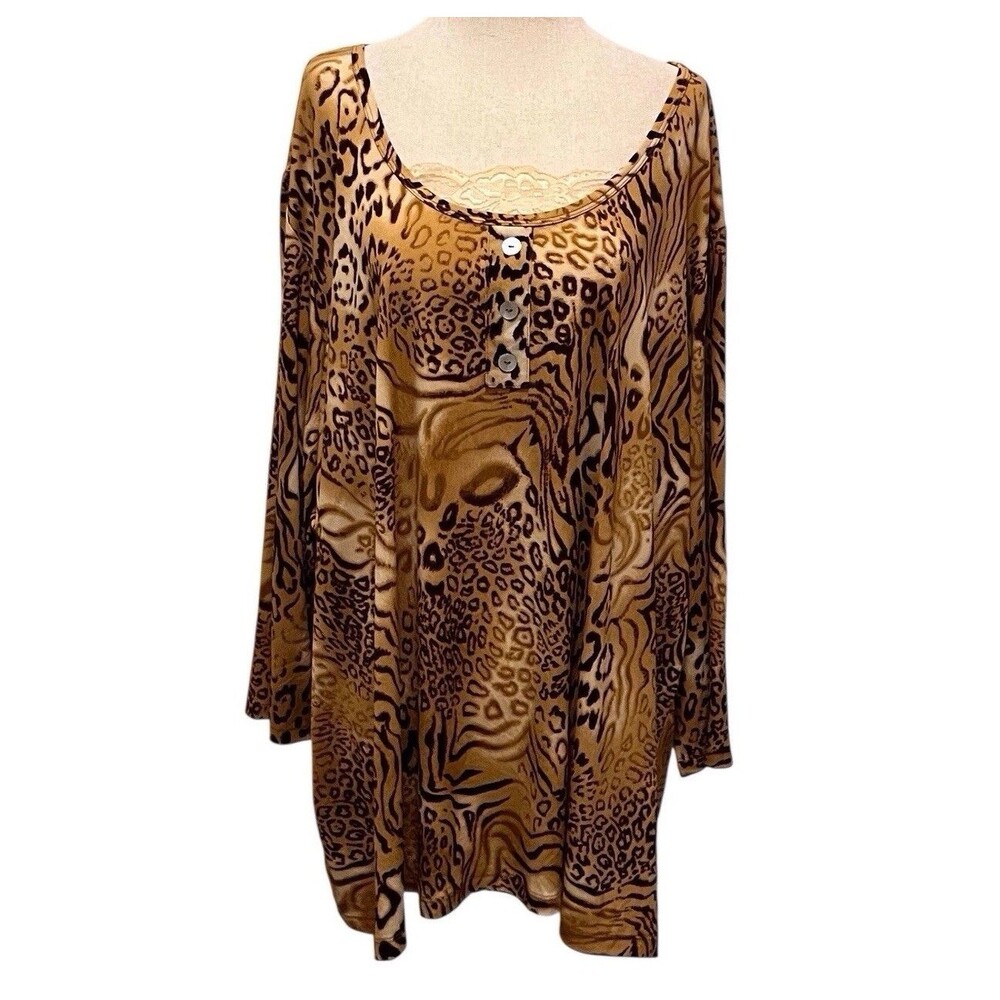 SUSAN GRAVER Liquid Knit Blouse Womens Large Top 3/4 Sleeve Cheetah Print Lace - Picture 2 of 7